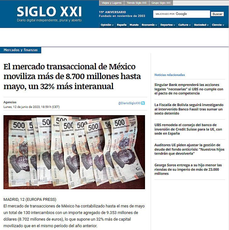 El mercado transaccional de Mxico moviliza ms de 8.700 millones hasta mayo, un 32% ms interanual